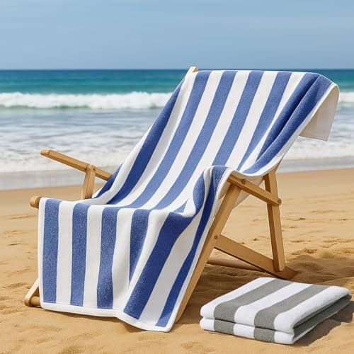 Velosso 2 Pack Cabana Stripe Large Beach Towels, 100% Cotton (Blue & Grey) — view 2