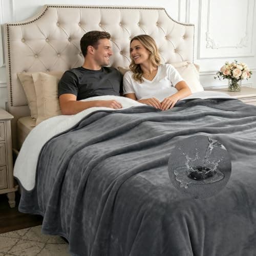 Waterproof Blanket for Bed Reversible Flannel Sherpa Throw Splash Blanket Leakproof Protector Cover for Bed Mattress, Sofa, Travel, Camping, Move Time from Pee Spills 203x229cm (Grey/White)