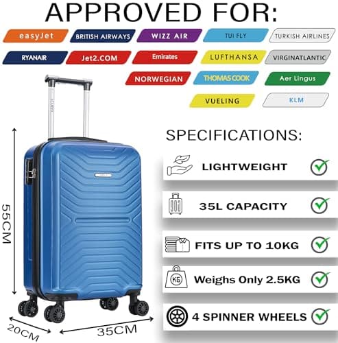 55x35x20 Cabin Suitcase Carry on Suitcase Hard Shell Hand Luggage Cabin Bag Case Approved For Ryanair EasyJet 2 Small Fits 8kg 10kg 35 Litre Capacity + 3 Digit Lock + Telescopic Handle Cabin Luggage — view 2