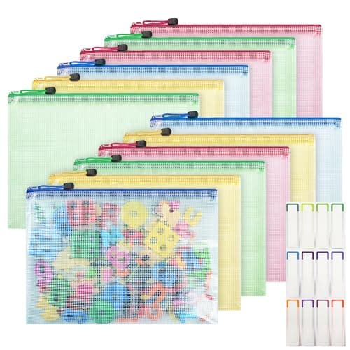 12Pcs Plastic Wallets with Labels, A4 Zip Lock Folders, Waterproof Mesh Document Bag for School Office Travel, Colorful Zipper Pouch Pocket for Bill Luggage Homework Jigsaw Storage