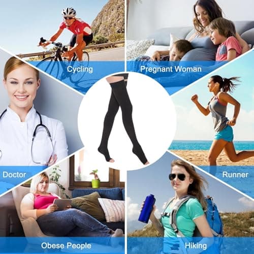 AOGOE Medical Open Toe Thigh High Compression Socks for Women & Men, 23-32 mmHg Open Toe Support Stockings with Anti-Slip Silicone Band, Graduated Compression Socks for Varicose Veins, Edema, Flight — view 6