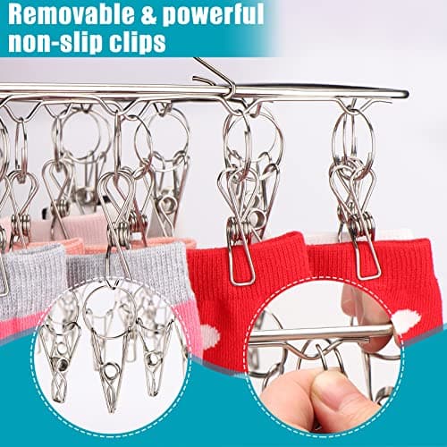 Sinnsally Folding Sock Dryer with 36 Pegs,Metal Sock Hangers with Clips,Underwear Hanger for Washing Line Accessories,Stainless Steel Clothes Sock Drying Rack,Laundry Drip Airer Hanger with Pegs — view 6