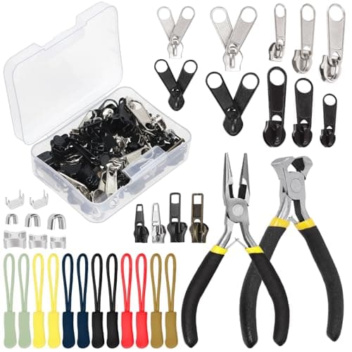Swpeet 144Pcs Zipper Repair Kit with Plier and Pliers Assortment, Zipper Pulls, Replacement Tools for Bags, Tents, Luggage, Sleeping Bag, Jacket
