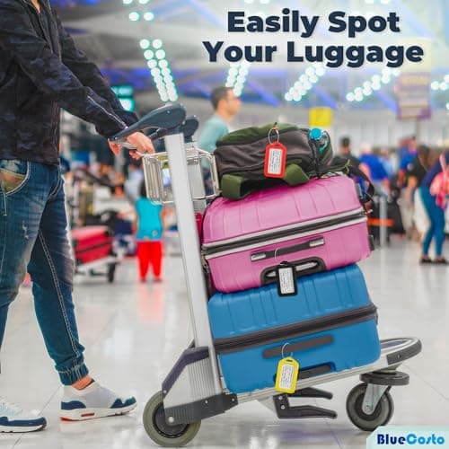 BlueCosto - Luggage Tags - Multicoloured, 10 Pack - Suitcase Tags with Name ID Card & Heavy-Duty Metal Wire Loops - Bright Coloured PVC Identifiers for Travel Baggage - Backpack Name Labels — view 5
