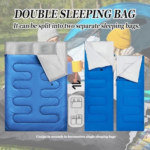 Sleeping Bag, Double Sleeping Bag with 2 Pillows Extra Large 3-4 Season Lightweight, Waterproof Indoor & Outdoor Use for Adults for Hiking, Backpacking and Camping Travel (Blue Double) — view 3