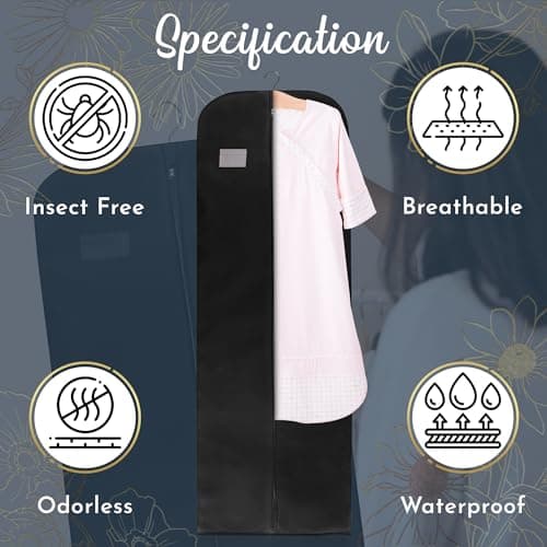 Wedcova Dress Bag | Hanging Garment Bags | Full Length Travel Covers | Wedding Long Clothes Storage Cover with Zipper for Women | 72 Inch (182cm) | Pack of 1 | Black — view 2