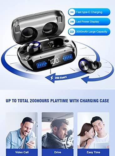YIPUT Wireless Earbuds Bluetooth 5.3 Headphones 200 Hours Playtime with2000mAh charg Case,in Ear Headest IP7Waterproof Noise Cancelling Built-in Mic,Premiu Bass LCD Display,for Sports/Working/Study — view 6