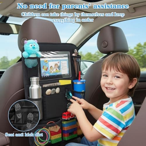 Plkjiu Waterproof Car Back Seat Organiser with Tablet Holder - 40x60cm Foldable Car Seat Protector for Kids Travel, Multi-Pocket Car Organiser Storage for SUV, Van & Sedan, Black — view 3