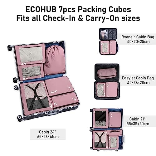 ECOHUB Packing Cubes Suitcase 7 PCS Travel Organiser Packing Bags Recycled PET Eco Friendly Travel Accessories Shoes Bags Travel Storage Bag Luggage Organiser Bags Travel Pouch(Pink) (ECO7001PK) — view 2
