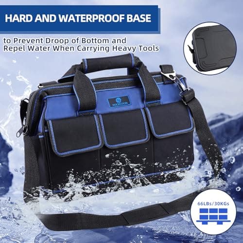 ROCKCOON Tool Bag 16'', Multi-pocket Tool Organizer with Water Proof Rubber Base, Heavy Duty Tote with Shoulder Strap for Tool Storage, Black & Blue — view 5