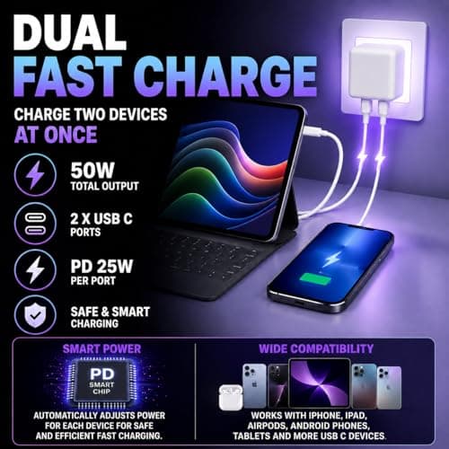 USB C Plug, 50W 2 Port Dual USB-C Fast Charger Plug UK Compatible with iPhone 17 air/16/15/15 Pro/15 Pro Max/14/14 Pro/13/13 Pro/12/12 Pro/11/ipad,Type C Plug Fast Charging for Watch Dual Port USBC — view 5