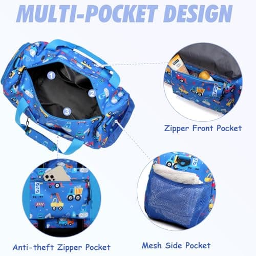 Kasgo 26.5L Kids Travel Sport Duffel Bag - Wet-Dry Shoe Pocket Blue Car — view 4