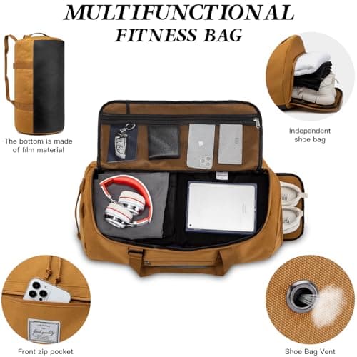 Lyweem Sports Gym Bag Men - 60L Large Travel Duffle Bag with Shoe Compartment, Weekend Holdall Bags, Overnight Duffel Bag Backpack, Brown — view 3