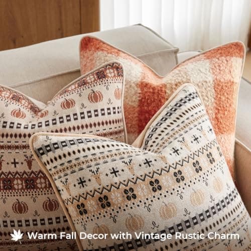 Kevin Textile Cozy Cushion Covers 45x45cm Set of 1, Jacquard Knit Soft Cushion Case with Wool Blend, Pumpkin & Moose Pattern for Halloween Christmas Fall Rustic Home Decor, Rust — view 4