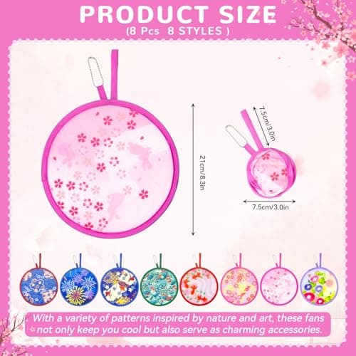 Grantop 8Pcs Japanese Style Foldable Fan Set,Summer Round Folding Hand Fan,Portable Handheld Folding Fan for Festival Costume Party Wedding Gifts Home Decor Home Office — view 2