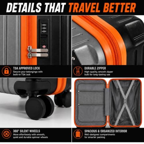XPLR 55x34x24cm Cabin Suitcase - Hard Shell 20" Carry On Bag Luggage - USB Charging Port - Cup Holder - TSA Lock - 360° Wheels - Lightweight 2.8kg Hand Luggage for Travel (Adventure Orange) — view 3