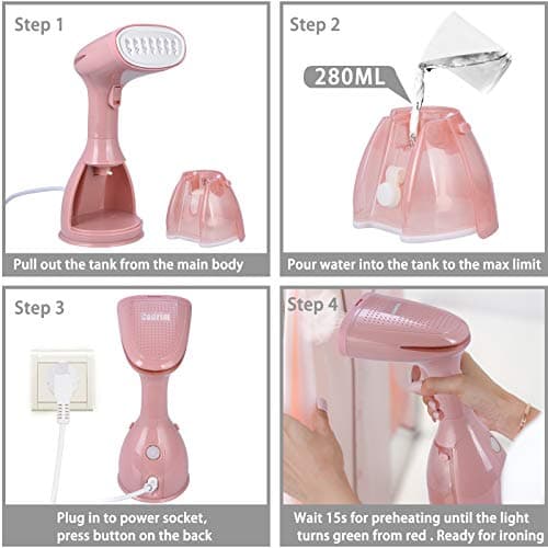 Cadrim Clothes Steamer, Handheld Garment Steamer 1500W 280ml Travel Steam Vertical Strong Steam Iron Auto Cut-Off Powerful For Home, Office & Travel (Pink) — view 4