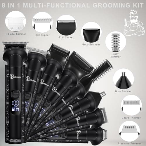 Hatteker 8-in-1 Professional Men's Grooming Kit Cordless Beard Trimmer Hair Clipper Zero Gapped T-Blade Electric Razor Nose Ear Body Trimmer IPX7 Waterproof, Precision Trimming for Bald Head/Oil Head — view 2