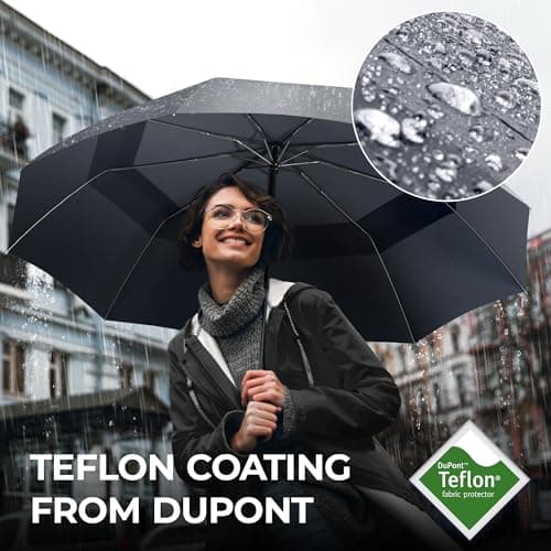 Umbrella Windproof Compact - Strong Storm Proof Frame + Auto Open Close | Women Mens Lightweight Small Travel Folding Golf Brolly + Double Canopy, Ergonomic Handle | Water Resistant Teflon Grey — view 4