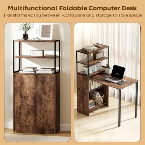 HOMCOM Folding Computer Desk with 4-Tier Bookshelf Study Table Rustic Brown — view 4