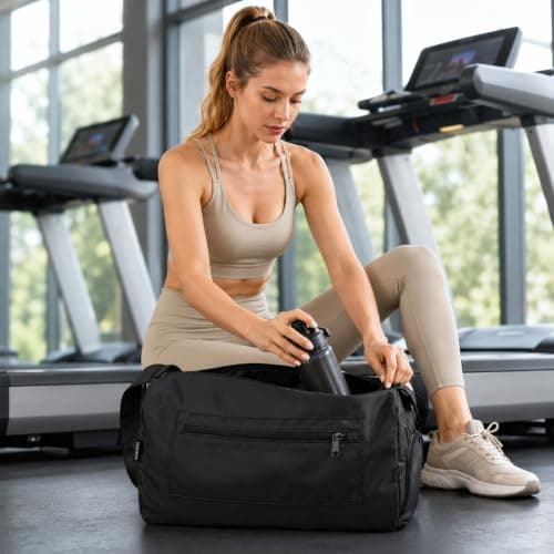 Sports Duffel Bag with Shoes Compartment, Waterproof Gym Duffle Bag Adjustable Shoulder Crossbody Strap, Large Capacity Travel Overnight Bag for Workout Fitness Yoga Hospital Travel (Black) — view 3