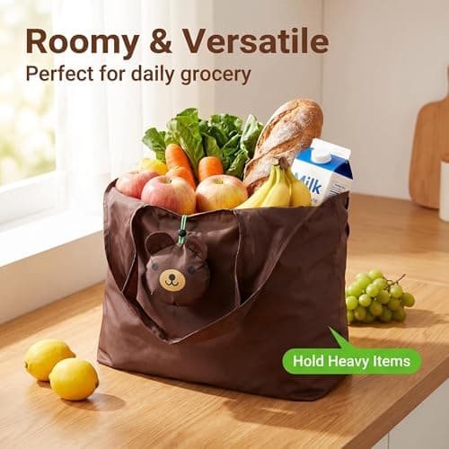 LUVDECO 4 Pack Foldable Reusable Shopping Bags with Cute Fruit & Animal Patterns, Large Waterproof Tote that Folds into Pouch for Grocery, Beach, Travel (Animal) — view 5