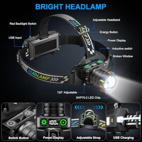 100000LM Head Torch Rechargeable,13 Modes Super bright Led Headtorch with UV/Warm/Red light & IPX7 Waterproof & 120° Adjustable & Motion & Zoomable, Red Warning Headlight for Running, Camping, Hiking — view 3