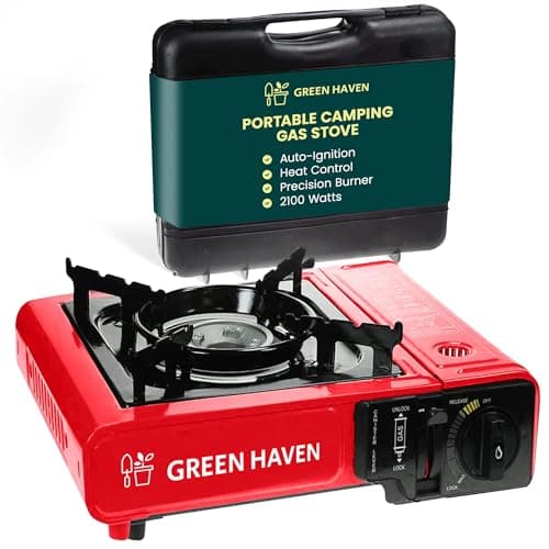 Green Haven Camping Stove Gas Portable | Carry Case & Auto Ignition, Red