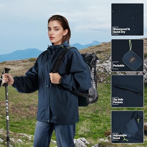 LAMA Hooded Waterproof Jacket, Women's Summer Jackets, Lightweight Packable Windbreaker Rain Coat with Big Pockets, Reflective Straps, Carry Bag, RoyalBlue XL — view 4