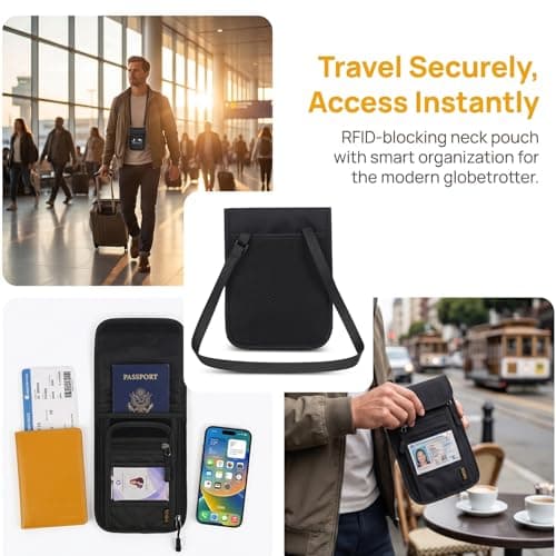 Passport Holder Travel Neck Wallet RFID Blocking Travel Document Bag Women and Men Anti-theft Multifunctional Phone Pouch for Passports Credit Cards Boarding Passes Business Cards (Light gray) — view 6
