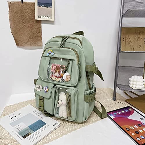 School Bags for Girls Cute Backpack with Bear Pendant Large Capacity Kawaii Rucksack with Cartoon Pin and Card Aesthetic Multi Pocket School Bag Back to School Teenage Secondary Primary Middle Pink — view 6