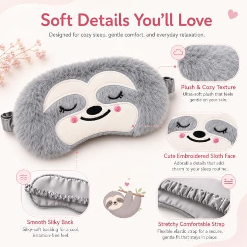 Blackout Sleep Masks, Soft Plush Eye Mask, Cute Sloth Animal Sleeping Mask for Girls Boys Women Men Kids, Eye Mask for Sleeping Travel Nap Night, Unisex (Grey) — view 3