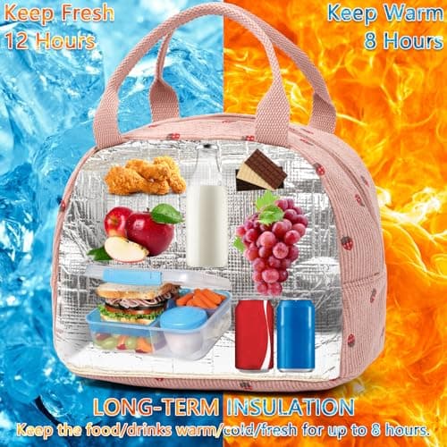 Pink Insulated Kids Lunch Bags, Strawberry Kids Lunch Bags Cooler Tote, Cream Cooler Tote Lunch Box for Women & Kids, Large Lunch Box for Women, Femme Womens Lunch Bag for Work, Picnic, Camping — view 2