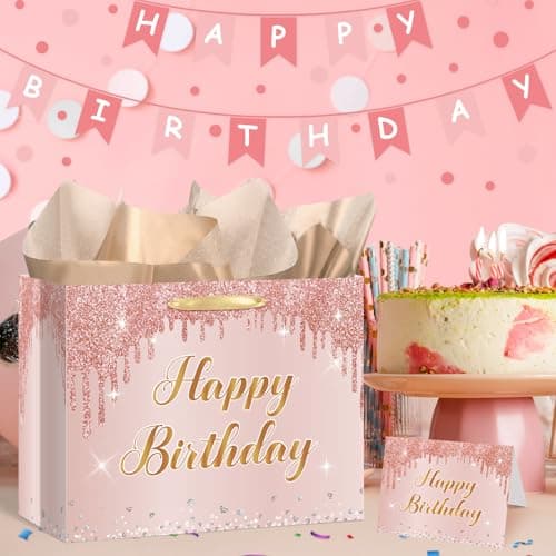 12'' Large Rose Gold Happy Birthday Gift Bag for Women and Girls Pink Present Set with Greeting Card and Wrapping Tissue Paper Birthday Party Decorations Supplies — view 2