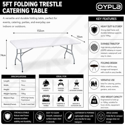 Oypla Heavy Duty Folding Catering Garden Trestle Table - 5ft, White — view 2