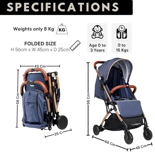 Airline Approved Baby Pram, Foldable Cabin Stroller Pushchair, Compact, Travel Friendly Buggy, Baby Stroller with Smooth Ride, One-Handed Fold, Suitable for 0-36 Months, Max 15kg (Navy) — view 3