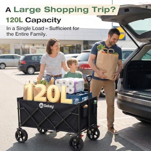 Sekey Festival Trolley Heavy Duty 100kg, 120L Folding Camping Trolley with Brakes & All-Terrain Wheels, Collapsible Beach Trolley Cart, Adjustable Handle Wagon, 4030, Black — view 2