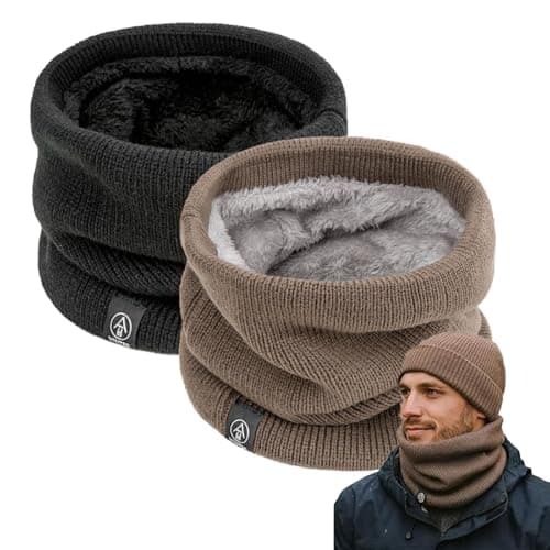 Men's Winter Neck Warmer Gaiter Snoods, Ribbed Knit, Black/Taupe, 2-Pack
