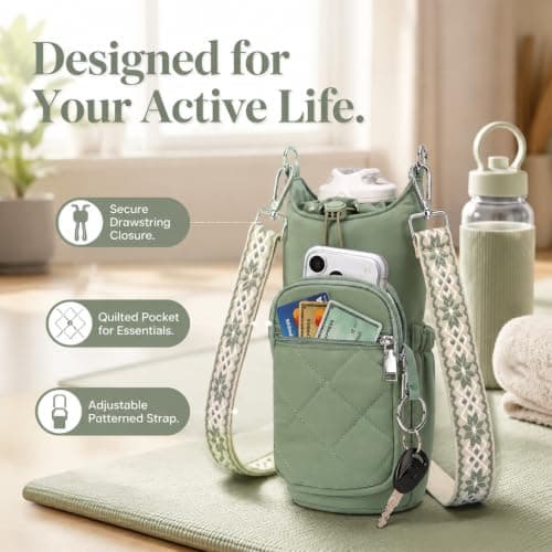 Cosblisvia water bottle holder, small water bottle for handbag, carrier bags With Insulated Pocket Strap For Women Men Students, Walking Travel Gym Beach Commute, Green — view 4