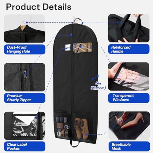 Suit bags for Travel, Dress Bag, Garment Bags for Hanging Clothes, Clothes Covers Protector Bags for Shirts, Coats, Dresses, Cosplay (Black, 2 Pack 60 Inches) — view 3