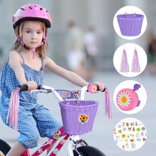 Flintronic Kids Bike Basket Handwoven Cycle Basket for Kids, Bicycle Basket For Girls Boys Childs, with Bike Accessories - Purple — view 6