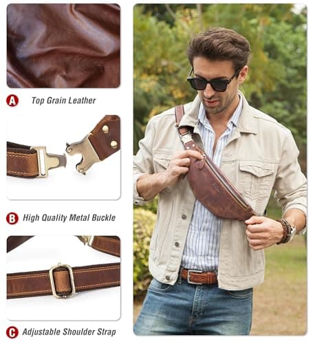 Top Grain Genuine Leather Customizable Slim Waist Pack for Man & Woman, Minimalist Vintage Design, Handmade with Detachable Hardware, Slim Fanny Pack Small Crossbody Belt Bag for Traveling or Riding — view 6