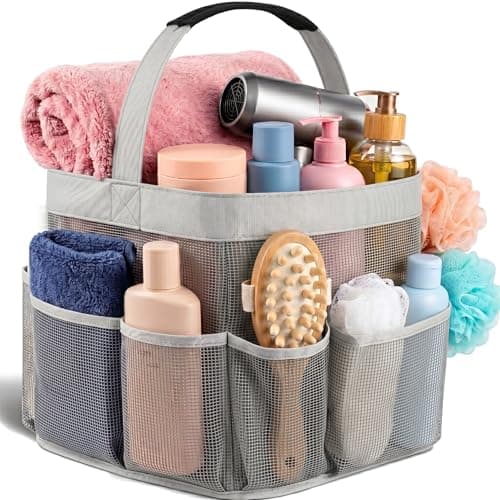 Mesh Shower Bag - Easily transport and organize your bathroom accessories and toiletries while taking a shower (9 pockets, Grey)