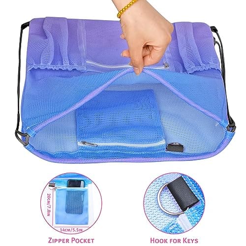 Mesh Drawstring Bag with Zipper Pocket, Beach Bag for Swimming Gear Backpack Gym Storage Bag for Adult Kids — view 6