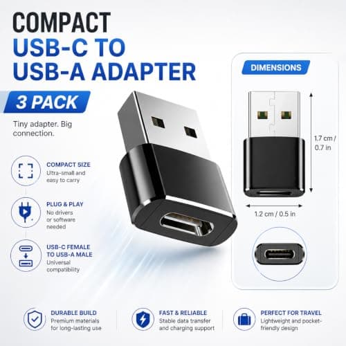 USB C to USB Adaptor 3 Pack, USBC Type C Female to USB A Male OTG Converter, Charger Cable Adapter for iPhone 17 16 15, iWatch 9 8 7, AirPods, iPad Air Mini, MacBook, CarPlay, Galaxy S26 S25 A35 — view 2