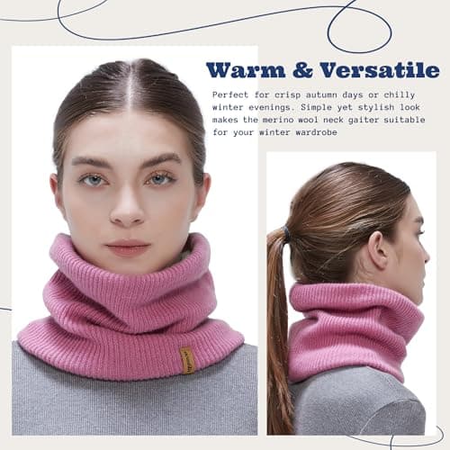 ACUSHLA 100% Merino Wool Neck Gaiter, Lined Winter Neck Warmer, Rose Pink — view 2