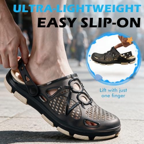beister Mens Clogs Non Slip Water Shoes with Adjustable Strap, Lightweight Slip on Mules Garden Kitchen Outdoor Beach Yard Pool Shower Summer Sandals Slippers Black Beige — view 4