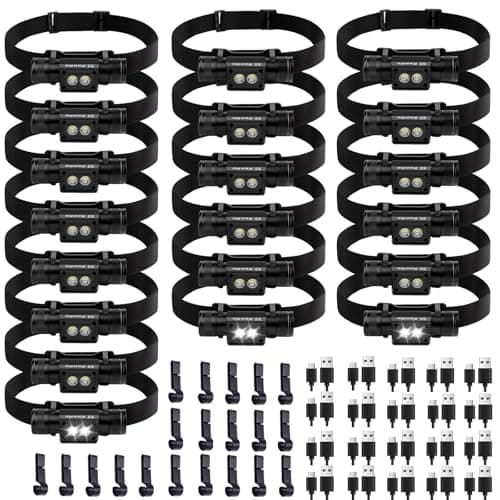 KunHe 20 Pack Rechargeable Headlamp Aluminum Alloy LED USB-C Headlight IP44 Waterproof Three Brightness Modes Suitable for Camping Hiking Hunting Maintenance and Dog Walking