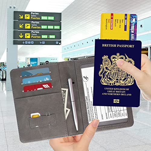DMLuna Passport Holder, Premium PU Leather Travel Passport Wallet RFID Blocking Passport Cover Case Travel Documents Organizer with Pen Holder, for Women and Men - Grey — view 2
