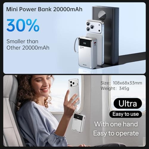 Hichain Laptop Power Bank 65W 20000mAh Portable Charger with Built-in USB-C Cable, 3-Port Fast Charging Battery Pack for MacBook iPhone 17 16/15 Series Android Switch Travel Essential Silver — view 4